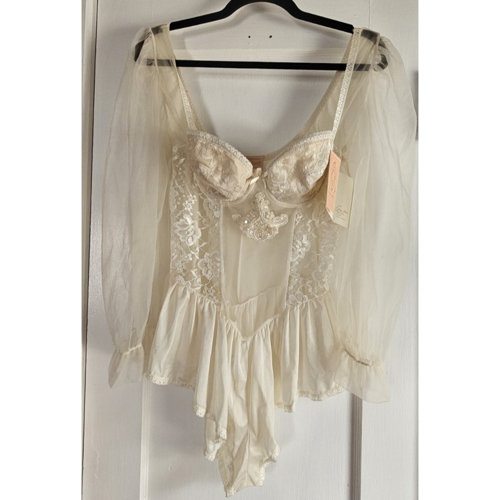 NWT Vtg Tiffany's Closet bra built in bodysuit sheer long sleeves ivory womans M